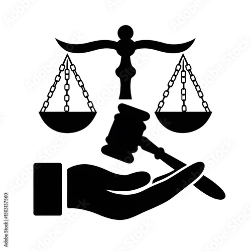 Law and Justice Symbol – Gavel, Scales, Hand Silhouette Icon