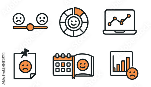Two-Color vector icons of mood tracking: happy/sad face scale, color-coded emotion wheel, daily mood icon, weekly trend. Trigger note, emotion calendar, mood journal, feeling chart.