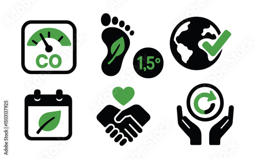 Two-Color vector icons of climate action: CO2 meter, lifestyle footprint, 1.5°C icon, climate choice. Daily impact, pledge icon, reduce symbol, global responsibility.