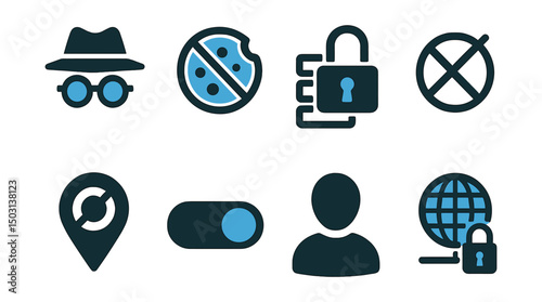 Two-Color vector icons of online privacy: incognito mode, cookie control, data encryption, no tracking. Location off, webcam cover, anonymous user, private network.