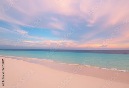 Pastel sunrise paints a Maldivian beach, soft sands meet turquoise water, luxury, stunning