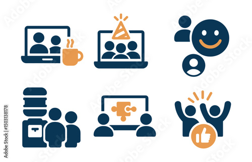 Two-Color vector icons of remote team culture: digital coffee break, virtual celebration, team emoji, appreciation badge. Watercooler chat, team-building game, emoji reaction, remote cheer.