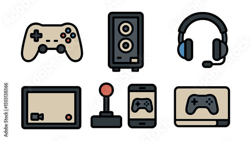 Outline with Fill icon set for gaming technology: game controller, gaming PC, leaderboard, gaming headset, streaming overlay, joystick, mobile gaming icon, loading bar.