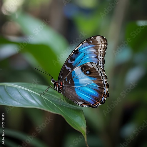 The striking blue morpho butterfly delicately rests upon a smooth, vibrant green leaf