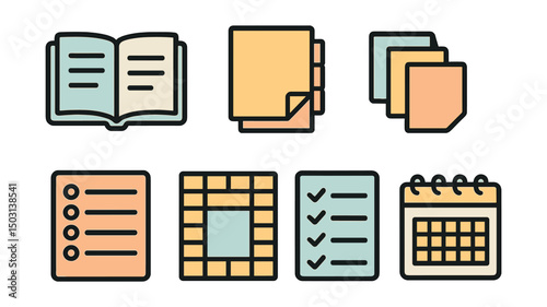 Outline with Fill icon set for student organization: planner notebook, divider tabs, sticky notes, color-coded folders, assignment tracker, time block chart, checklist, weekly calendar.