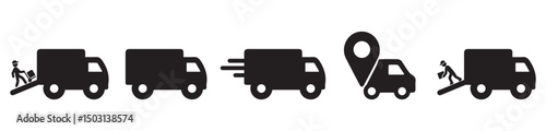 Delivery process icons showing parcel transport from dispatch to arrival