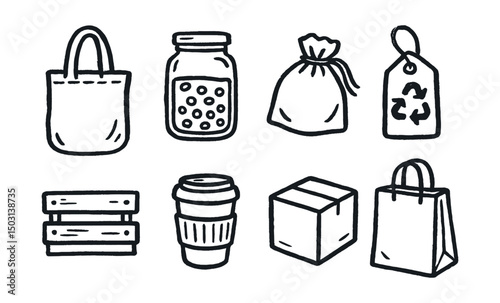 Hand-drawn vector icons of eco shopping: fabric tote, bulk jar, cloth pouch, recycled tag, wooden crate, reusable cup, cardboard box, paper bag.