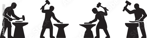 Silhouettes icons of blacksmiths hammering and forging metal at anvil