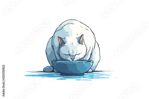 Cat Drinking Water from Ceramic Bowl clay pottery isolated