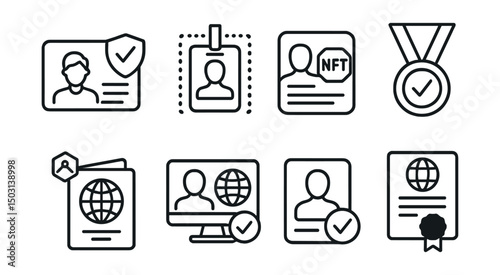 Line style icons of digital identity: government digital ID icon, e-residency badge, national ID NFT, civic participation token, decentralized passport icon, cross-border ID verifier, voter
