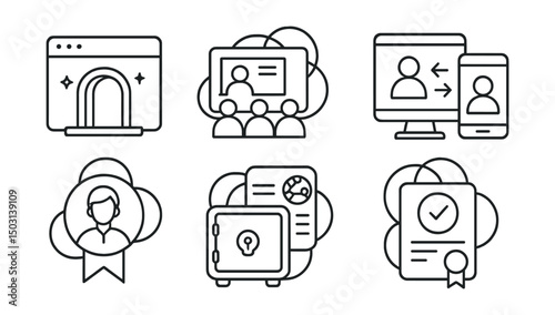 Line style icons of multiverse apps: education platform portal, multiverse classroom icon, cross-platform learning session, synchronized curriculum module, teacher avatar badge, shared resource vault