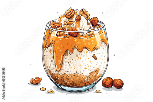 Chia Pudding Topped with Nuts and Nut Butter Drizzle concrete isolated