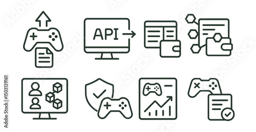 Line style icons of blockchain gaming: game data export tool, API for external tracking, wallet-linked stats sheet, blockchain activity log, decentralized leaderboard sync, verified score badge, game