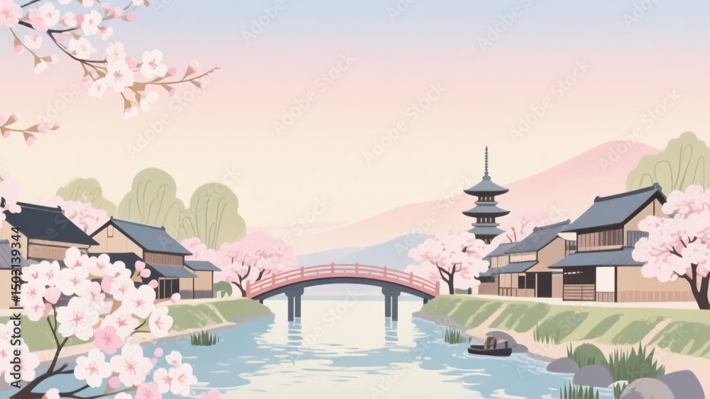 Fototapeta premium Serene Japanese Village Scene Cherry Blossoms, River, and Pagoda at Dawn