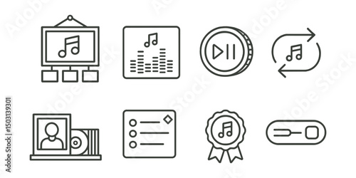 Line style icons of NFT galleries: NFT music gallery, audio-reactive visualizer icon, play/pause token, music loop toggle, artist album shelf, NFT track list panel, featured song badge,