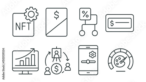 Line style icons of NFT crafting: creator royalties setting, revenue split field, smart contract royalty logic, payment address field, secondary sales tracker, royalty distribution flow, commission