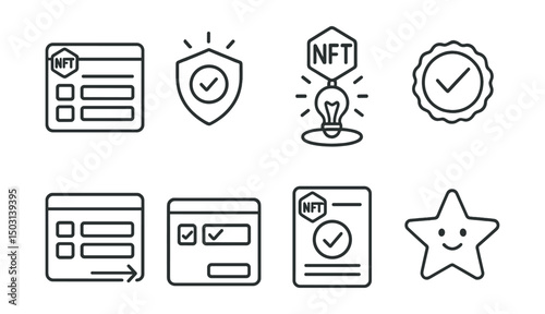 Line style icons of NFT education: NFT quiz module, interactive quiz badge, knowledge checkpoint icon, tokenized quiz reward, answer submission panel, correct answer highlight, NFT test result card,