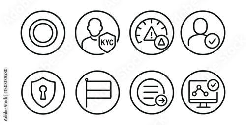 Line style icons of Web3 infrastructure (circular): compliance layer ring, KYC provider icon, AML alert dial, identity verification bubble, access policy badge, jurisdiction flag icon, audit trail
