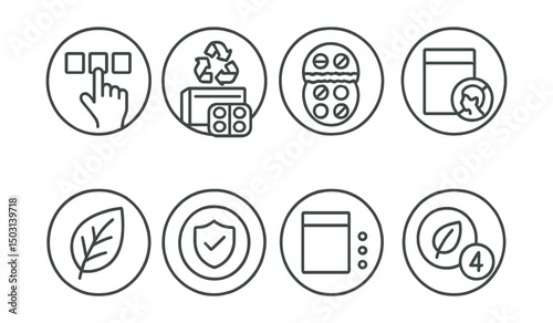 Line style icons of medicine delivery (circular): packaging type selector, recyclable packaging icon, tamper-evident seal ring, child-safe pack label, eco-label badge, sustainability stamp, pharmacy