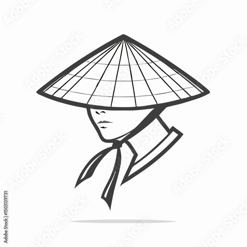 Asian Man Wearing Traditional Conical Hat - Line Art Illustration