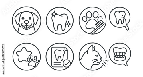 Line style icons of veterinary care (circular): pet dental care badge, teeth cleaning icon, toothbrush and paw, tartar removal symbol, dental treat circle, oral health chart, cat breath checker, jaw