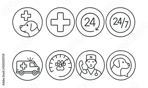 Line style icons of veterinary care (circular): emergency vet icon, urgent care cross, 24/7 clinic badge, pet ambulance ring, triage level dial, emergency contact card, rapid response team, critical