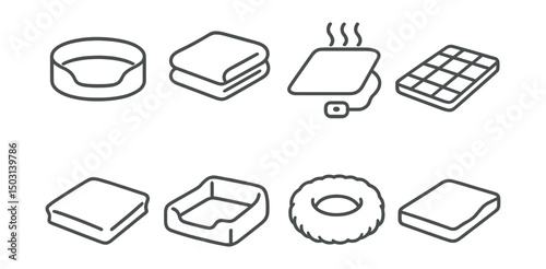 Line style icons of pet care: pet bed, cozy blanket, heating pad, crate mat, soft cushion, kennel pillow, calming donut bed, orthopedic pad.