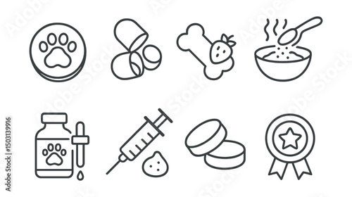 Line style icons of veterinary pharmacy: pet pill pocket, hidden treat capsule, flavored medicine chew, mix-in powder for food, easy-to-give liquid, syringe with treat symbol, soft chew meds,