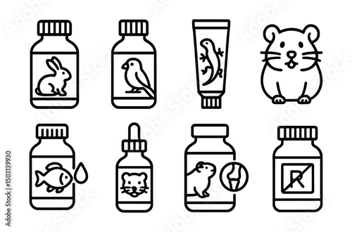 Line style icons of veterinary pharmacy: rabbit-specific medicine icon, bird supplement bottle, reptile vitamin tube, hamster immune booster, fish water conditioner, ferret health drops, guinea pig