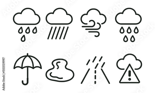 Line style icons of rainy weather: light rain, heavy rain, rain with wind, drops from cloud, umbrella icon, puddle, wet road, rain alert.