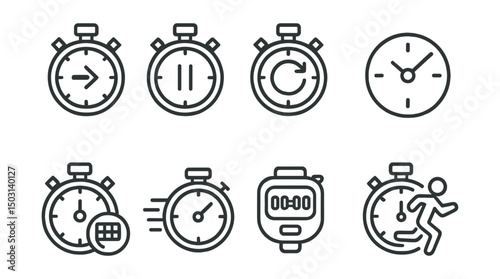 Line style icons of time: stopwatch start, stopwatch pause, stopwatch reset, lap time icon, stopwatch split badge, time race symbol, sports timer, running stopwatch.