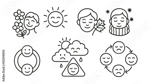 Line style icons of seasonal emotions: spring optimism, summer joy, autumn nostalgia, winter coziness, seasonal mood ring, emotional weather icon, nature and feeling badge, cycle of feelings chart.