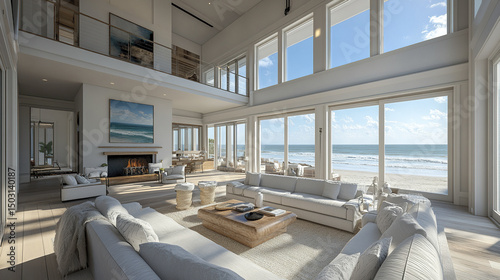 spacious oceanfront living room with large windows, bright sunlight, and modern decor