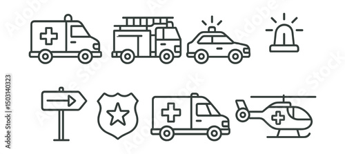 Line style icons of emergency transport: ambulance, fire truck, police car, siren icon, emergency route sign, first responder badge, medical transport, rescue helicopter.