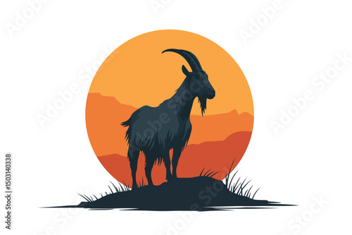 Goat Grazing on Alpine Meadow at Sunset field isolated