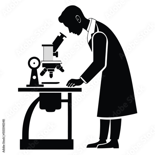Silhouette of a scientist examining a sample under a microscope in a laboratory setting