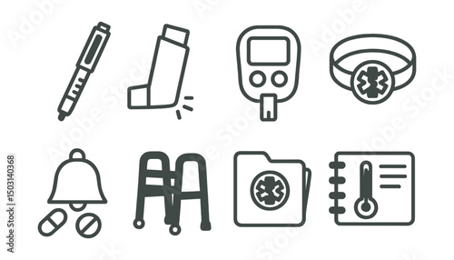 Line style icons of chronic illness care: insulin pen, inhaler icon, blood glucose meter, allergy alert bracelet, medication reminder, mobility aid, chronic condition file, symptom journal.