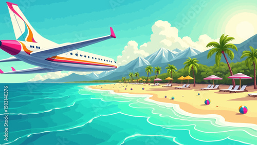 An airplane flies over a tropical beach with palm trees and mountains, symbolizing summer travel, vacation, and adventure.