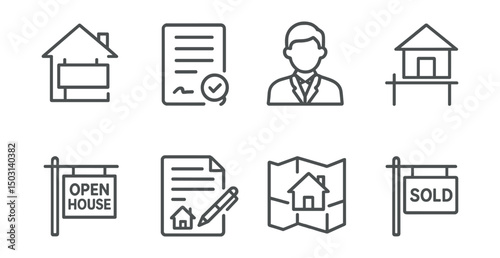 Line style icons of rental and real estate: house for rent, lease document, real estate agent icon, home listing board, open house sign, rental contract, property map, sold sign.