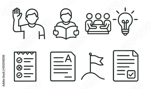 Line style icons of learning process: raising hand, reading student, group project, lightbulb idea, quiz sheet, test icon, goal flag, exam paper.