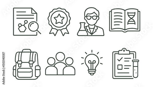 Line style icons of scientific research: research paper, peer review badge, scientist icon, lab journal, fieldwork backpack, study group, discovery lightbulb, experiment checklist.