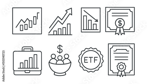 Line style icons of investment: stock chart, bullish trend arrow, bearish chart icon, dividend certificate, investment portfolio, mutual fund icon, ETF badge, share certificate.