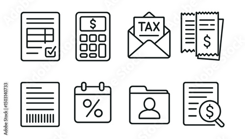 Line style icons of taxes and documents: tax form, calculator with dollar sign, tax return envelope, receipt bundle, invoice with barcode, tax percentage icon, accountant file, financial audit.