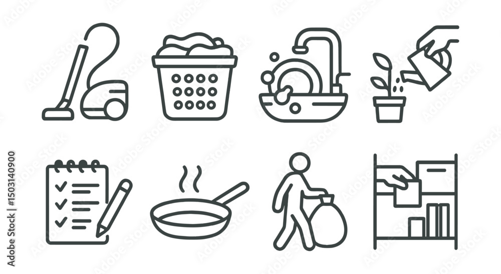 Line style icons of home routine: cleaning vacuum, laundry basket, dishwashing, watering plants, grocery list, cooking pan, taking out trash, organizing shelf. Line style icons of home routine: cleaning vacuum, laundry basket, dishwashing, watering plants, grocery list, cooking pan, taking out trash, organizing shelf.
