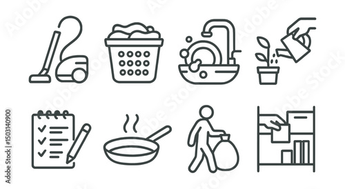 Line style icons of home routine: cleaning vacuum, laundry basket, dishwashing, watering plants, grocery list, cooking pan, taking out trash, organizing shelf.