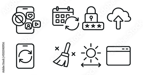 Line style icons of digital habits: social media limit, calendar sync, password manager, file backup, device update, app cleanup, screen brightness control, browser tab icon.