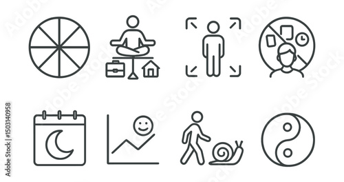 Line style icons of balance and wellness: wellness wheel, work-life balance icon, personal space, no multitasking badge, rest calendar, life satisfaction chart, slow pace icon, harmony symbol.