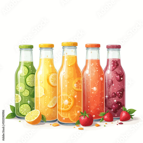 Colorful bottles filled with fruit juices like lemon, orange, strawberry, and berry blends, surrounded by fresh fruits and bubbles.