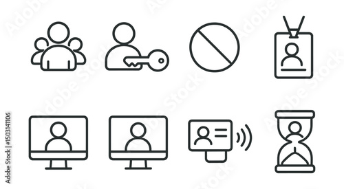 Line style icons of access control: user permission levels, admin key, access denied icon, restricted area badge, role-based login, guest login icon, smart badge reader, session timeout.