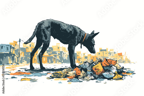 Stray Dog Searching Through Trash in Slum Area domestic dogs isolated